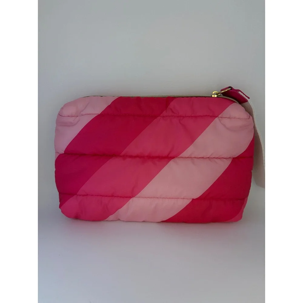 Estee Lauder Pink‎ Puffer Makeup Bag Quilted Striped Recycled Wristlet Pouch